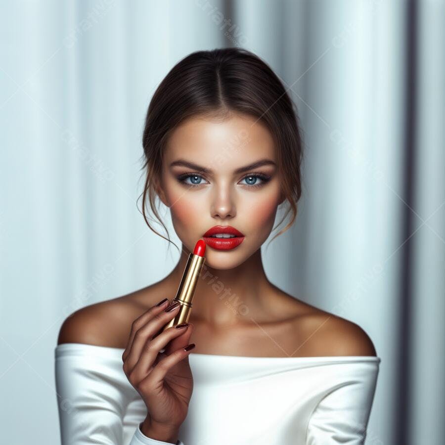 Modelo com batom vermelho e vestido branco