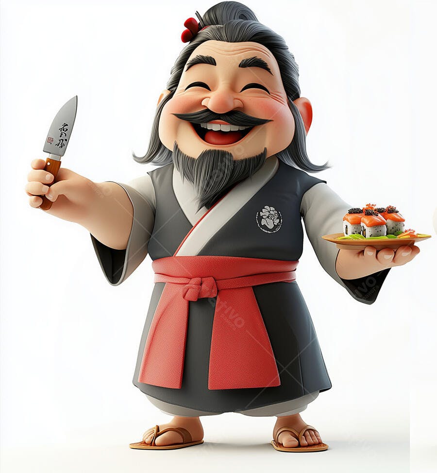 Chef de sushi alegre com faca e sushi