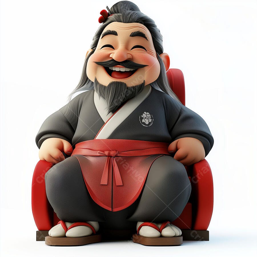 Homem sorridente em kimono sentado em poltrona vermelha