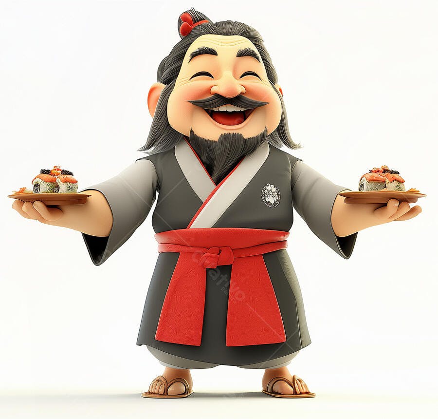 Sushiman alegre com pratos de sushi