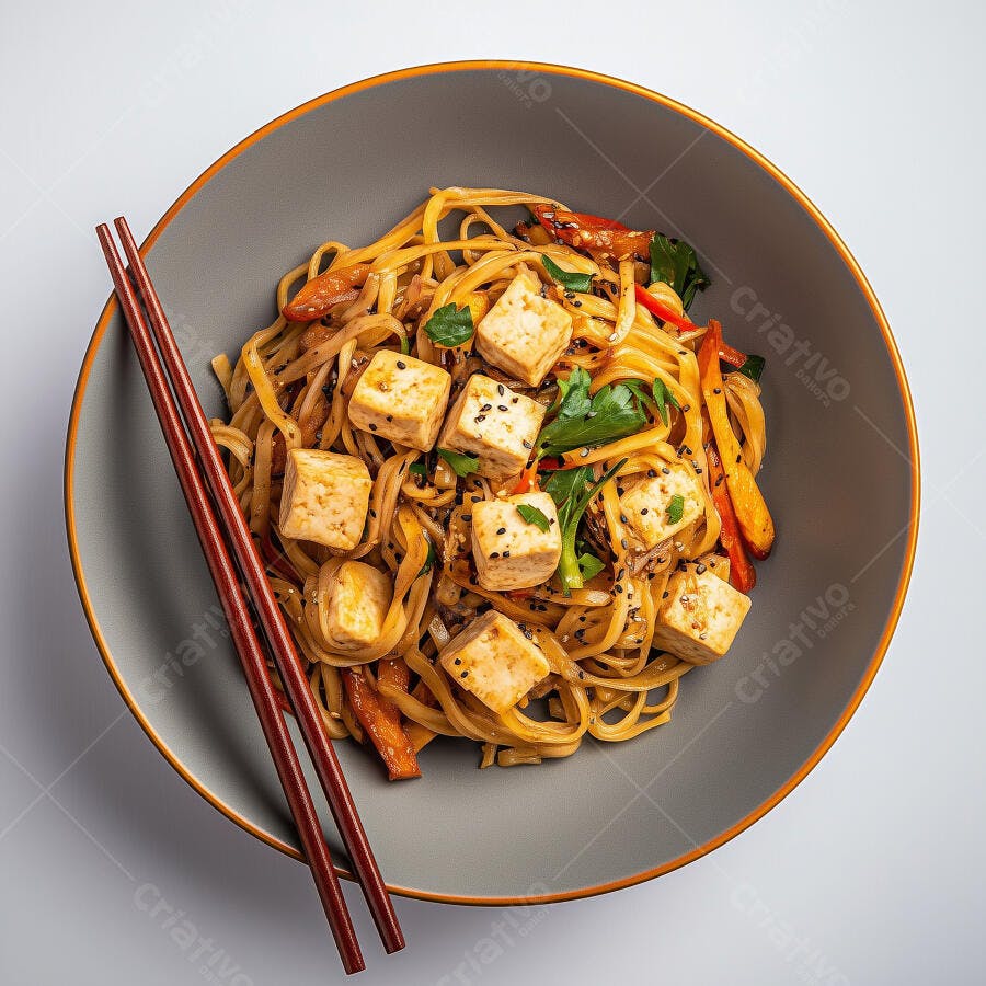 Macarrão com Tofu e Legumes Prato Vegano