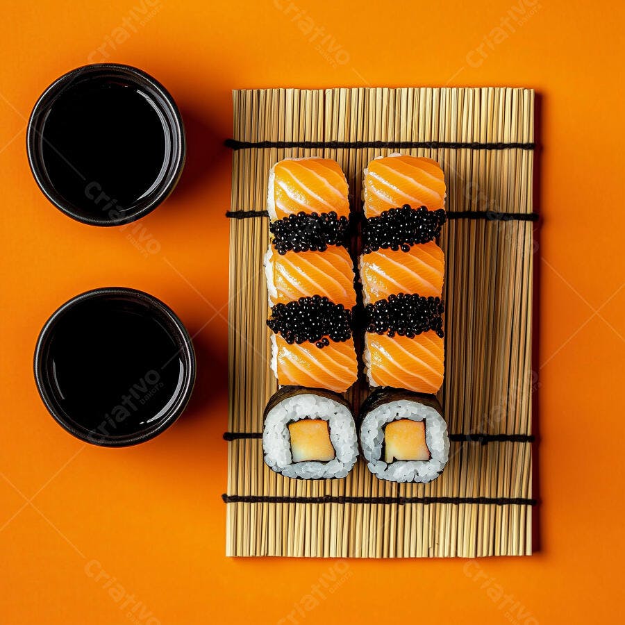 Sushi com Salmão e Ovas Pretas em fundo Laranja
