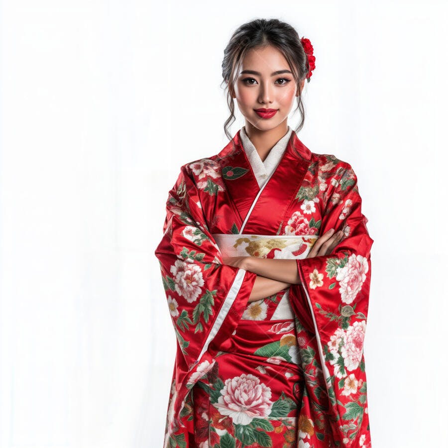 Mulher asiática em kimono vermelho floral