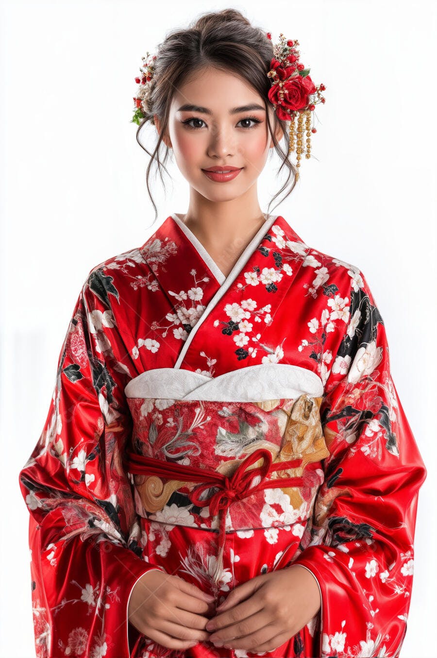 Mulher asiática em Kimono vermelho floral