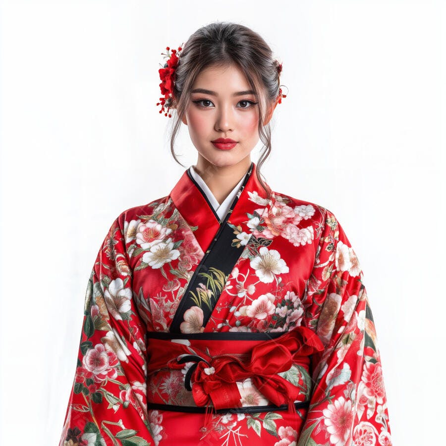 Modelo asiática em quimono vermelho floral