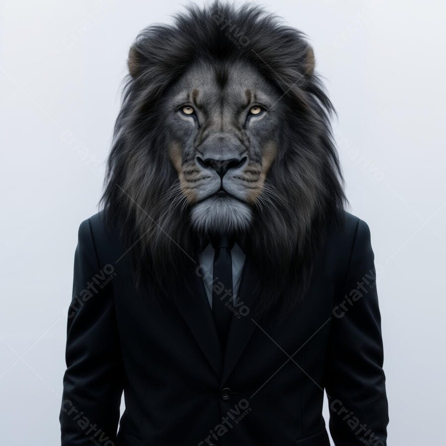 Leão em terno preto fundo branco