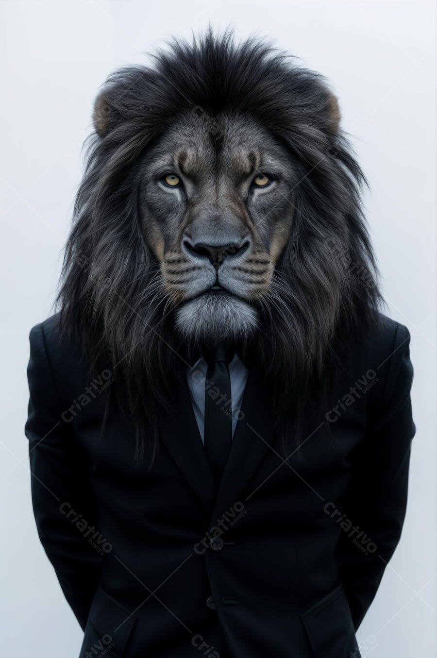 Leão em terno preto fundo branco