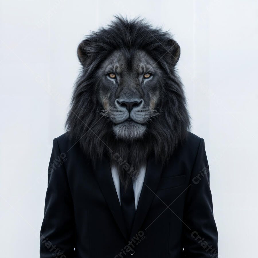 Leão em terno preto fundo branco