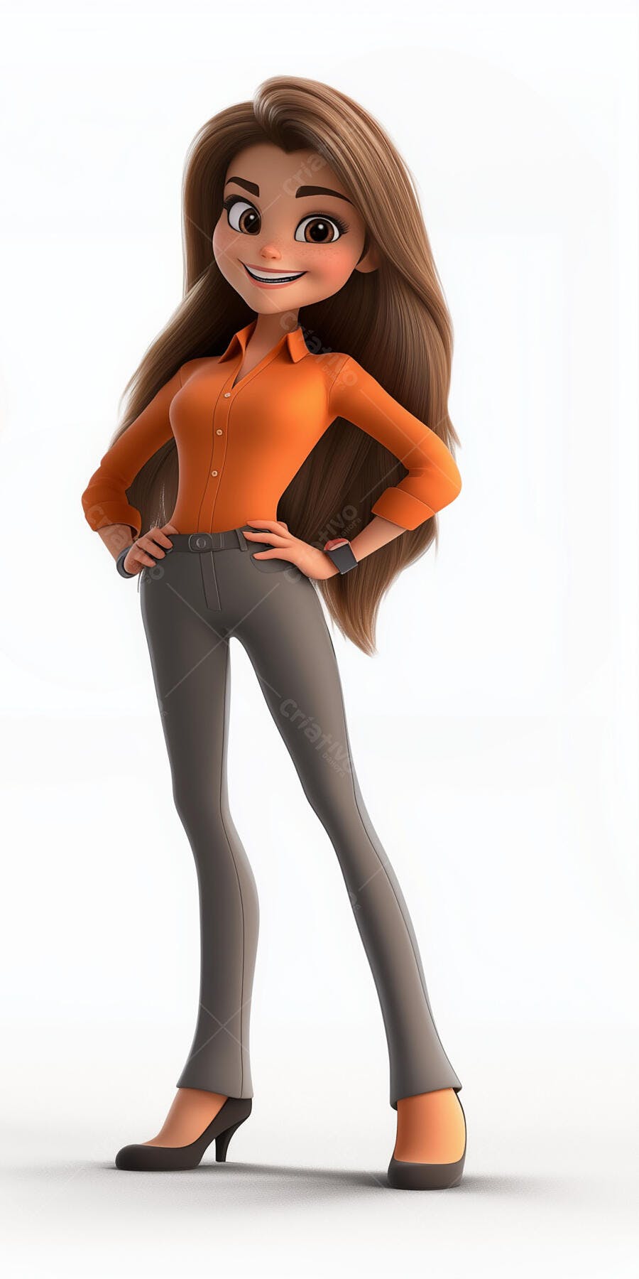 Mulher personagem 3D laranja e cinza