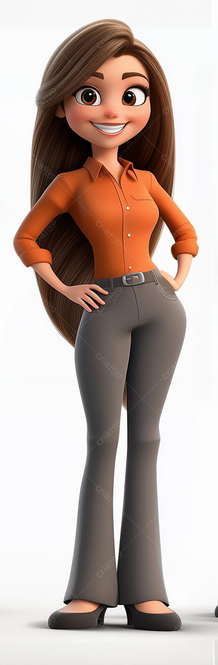 Mulher animada em roupa social laranja e cinza