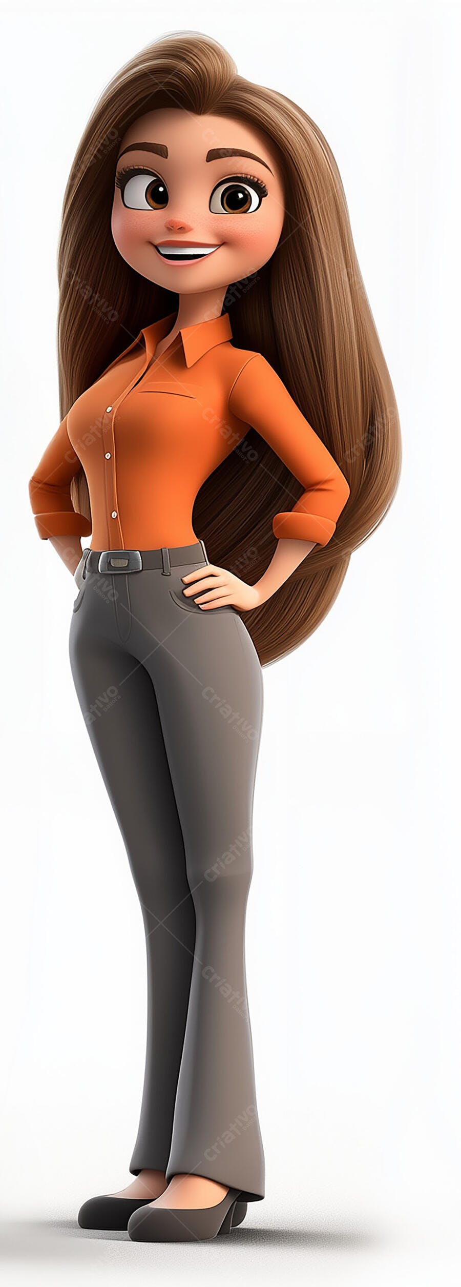 Mulher animada em roupa laranja e cinza