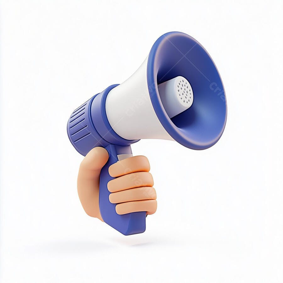 Mão segurando megafone azul e branco