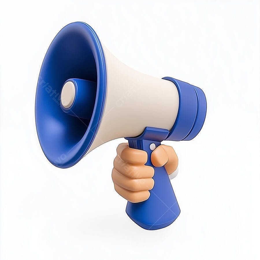 Mão segurando megafone azul e branco