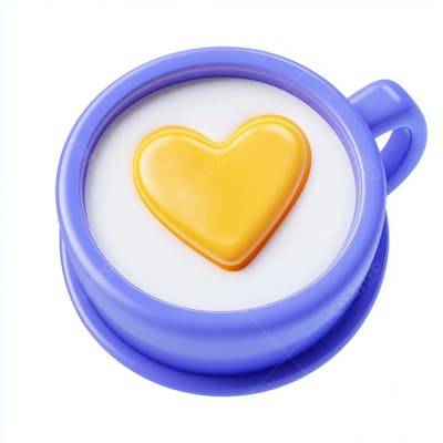 Xícara de café azul em 3d com um coração amarelo