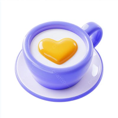 Xícara de café azul em 3d com um coração amarelo