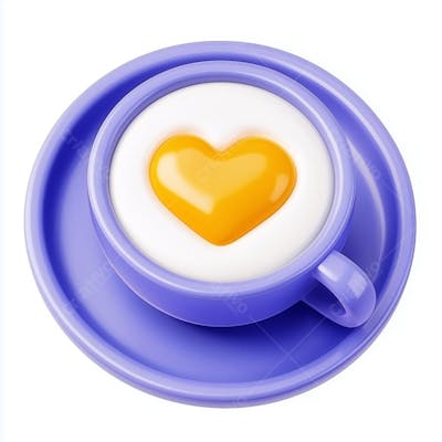 Xícara de café azul em 3d com um coração amarelo