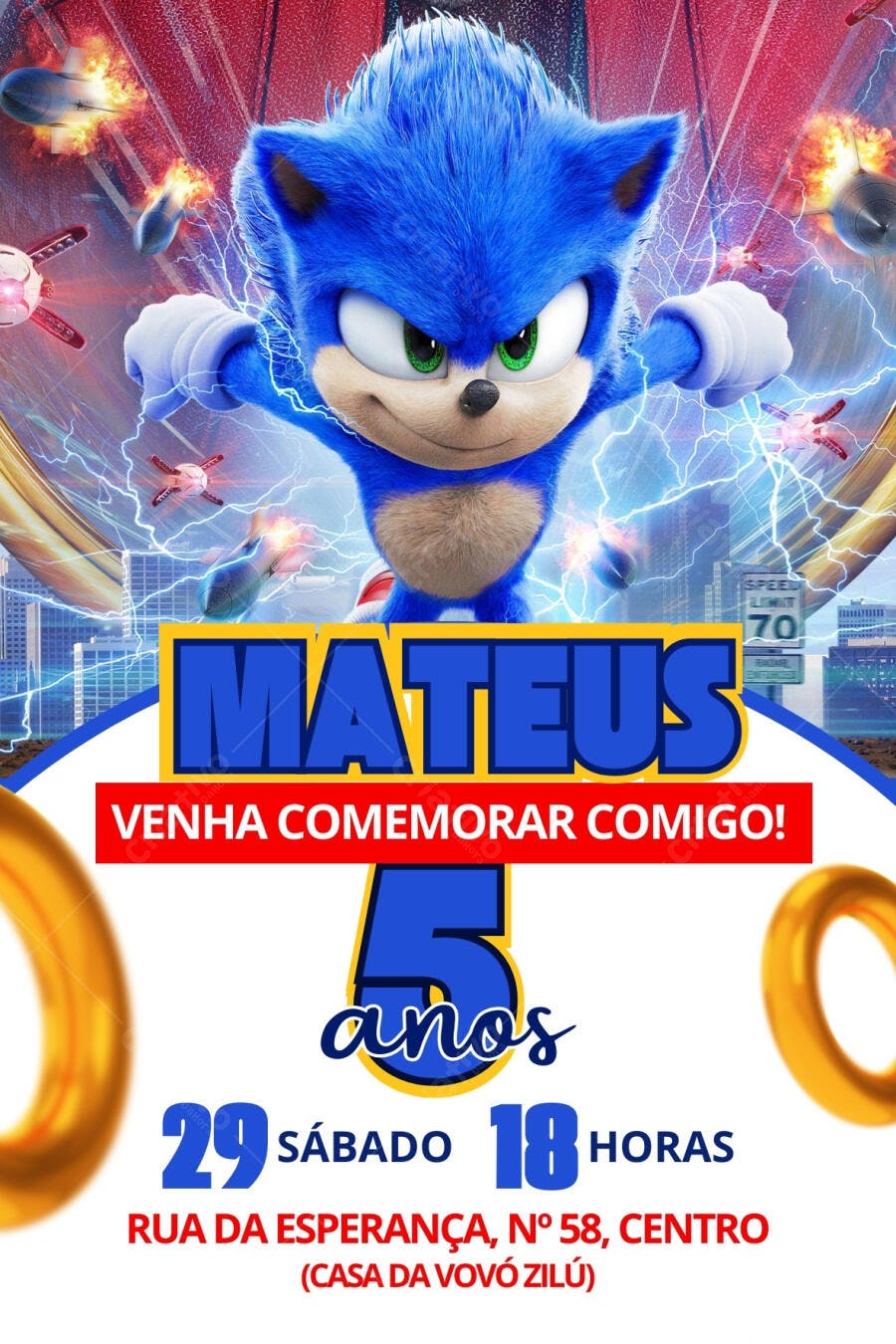 Convite de aniversário infantil Sonic Editável no Canva