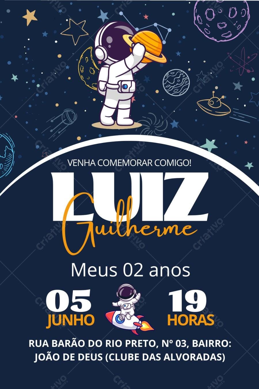 Convite de aniversário infantil tema espacial Astronauta Editável no Canva