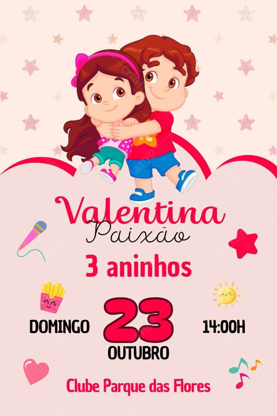 Convite Aniversário Infantil Rosa e Vermelho com Menina e Menino Editável no Canva