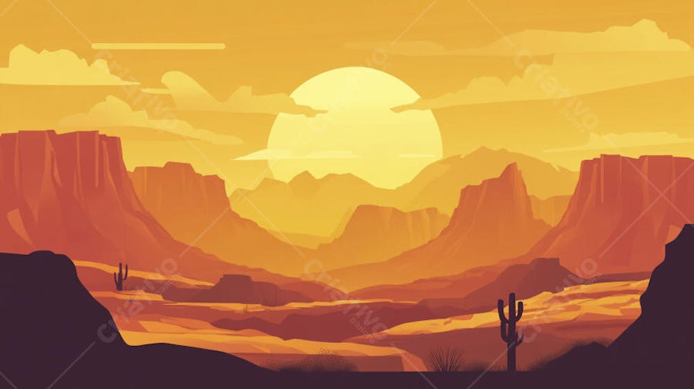 Ilustração Digital de Cânion ao Nascer do Sol com Cactos e Montanhas em Tons Alaranjados