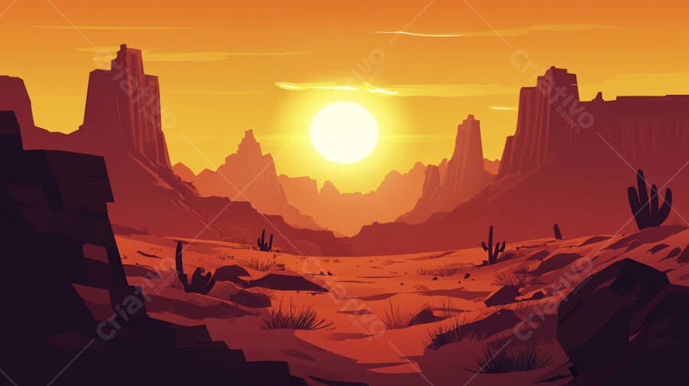 Ilustração Digital de Cânion ao Nascer do Sol com Cactos e Montanhas em Tons Alaranjados