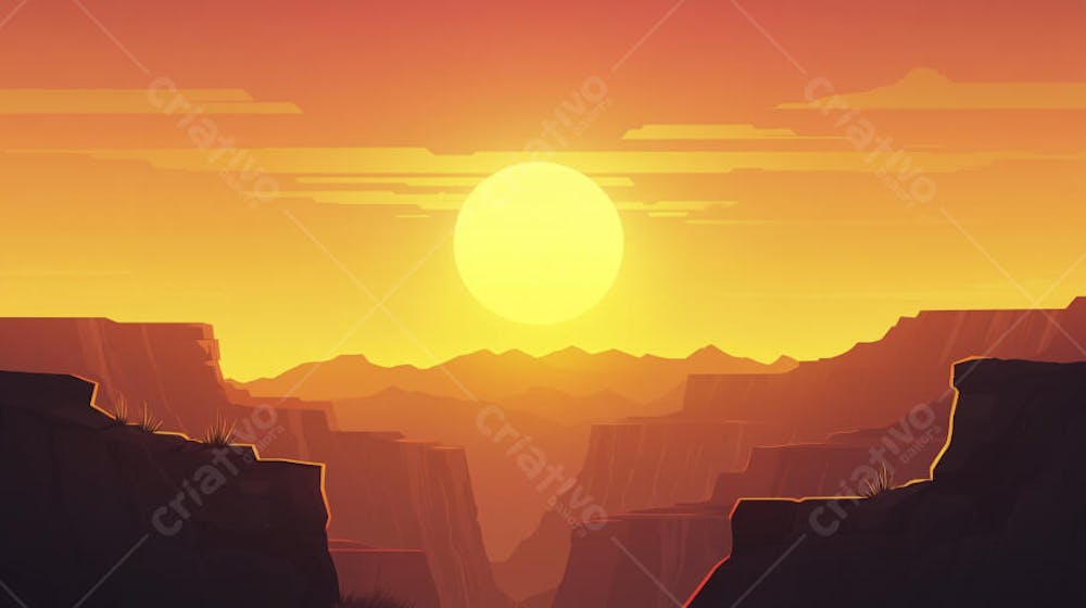 Ilustração Digital de Cânion ao Nascer do Sol com Cactos e Montanhas em Tons Alaranjados