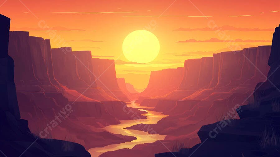 Rio em cânion ao pôr do sol alaranjado
