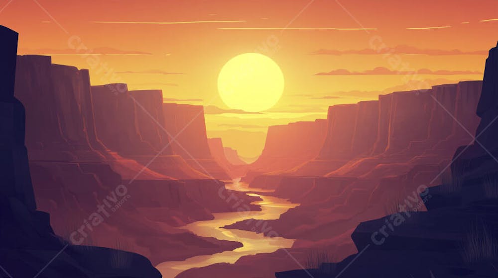 Ilustração Digital de Cânion ao Nascer do Sol com Cactos e Montanhas em Tons Alaranjados