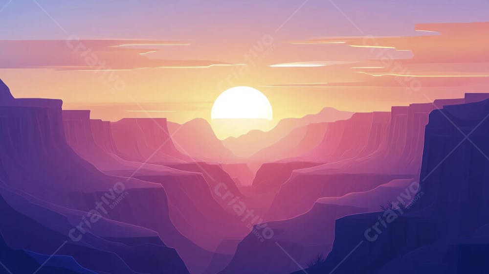 Ilustração Digital de Cânion ao Nascer do Sol com Cactos e Montanhas em Tons Alaranjados