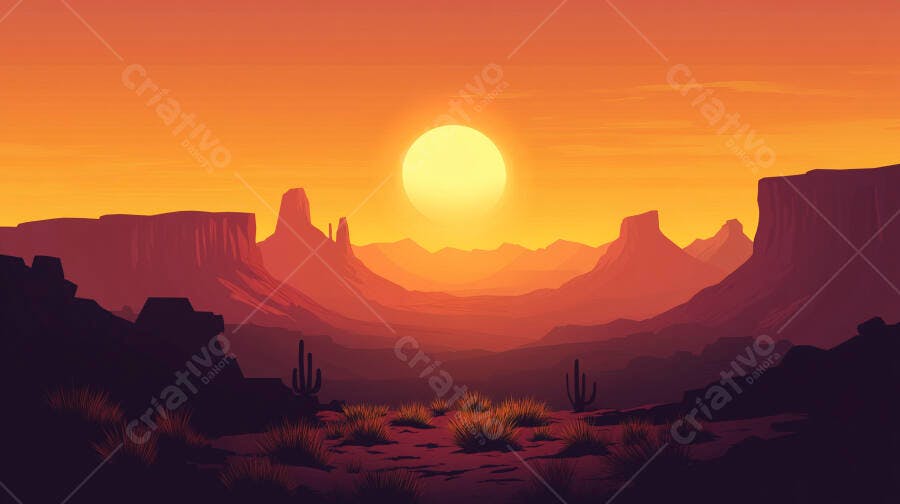 Pôr do sol alaranjado em deserto rochoso