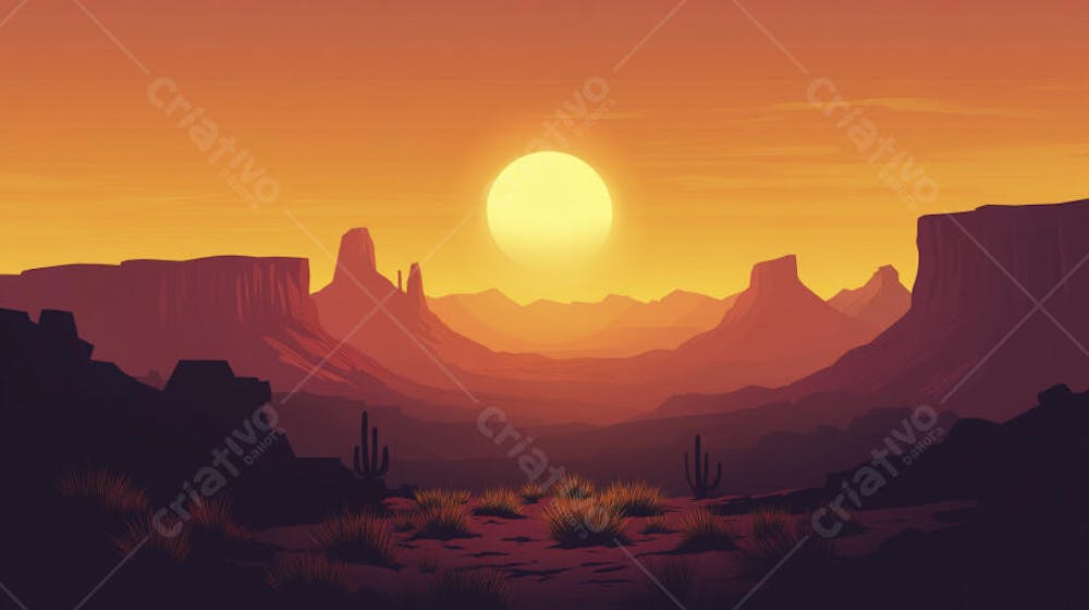 Ilustração Digital de Cânion ao Nascer do Sol com Cactos e Montanhas em Tons Alaranjados