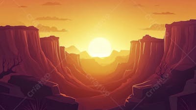 Ilustração Digital de Cânion ao Nascer do Sol com Cactos e Montanhas em Tons Alaranjados