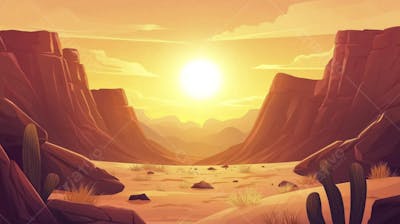 Ilustração Digital de Cânion ao Nascer do Sol com Cactos e Montanhas em Tons Alaranjados