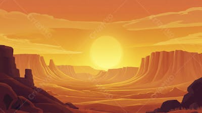 Ilustração Digital de Cânion ao Nascer do Sol com Cactos e Montanhas em Tons Alaranjados