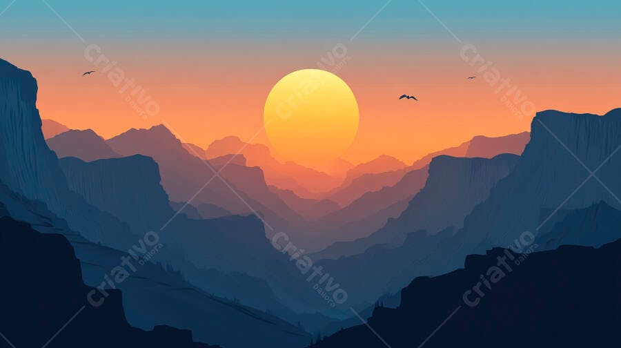 Pôr do sol laranja sobre montanhas azuis