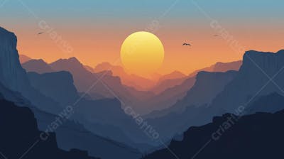 Ilustração Digital de Cânion ao Nascer do Sol com Cactos e Montanhas em Tons Alaranjados