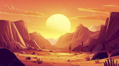 Ilustração Digital de Cânion ao Nascer do Sol com Cactos e Montanhas em Tons Alaranjados
