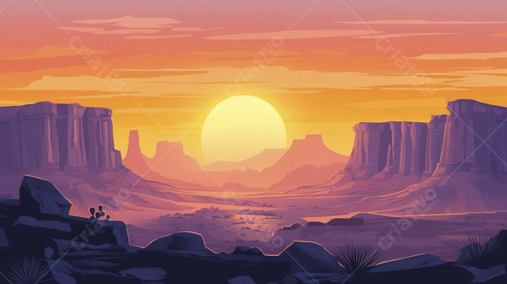 Ilustração Digital de Cânion ao Nascer do Sol com Cactos e Montanhas em Tons Alaranjados