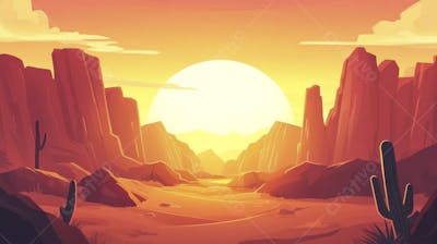 Ilustração Digital de Cânion ao Nascer do Sol com Cactos e Montanhas em Tons Alaranjados