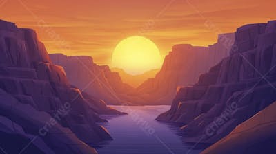 Ilustração Digital de Cânion ao Nascer do Sol com Cactos e Montanhas em Tons Alaranjados