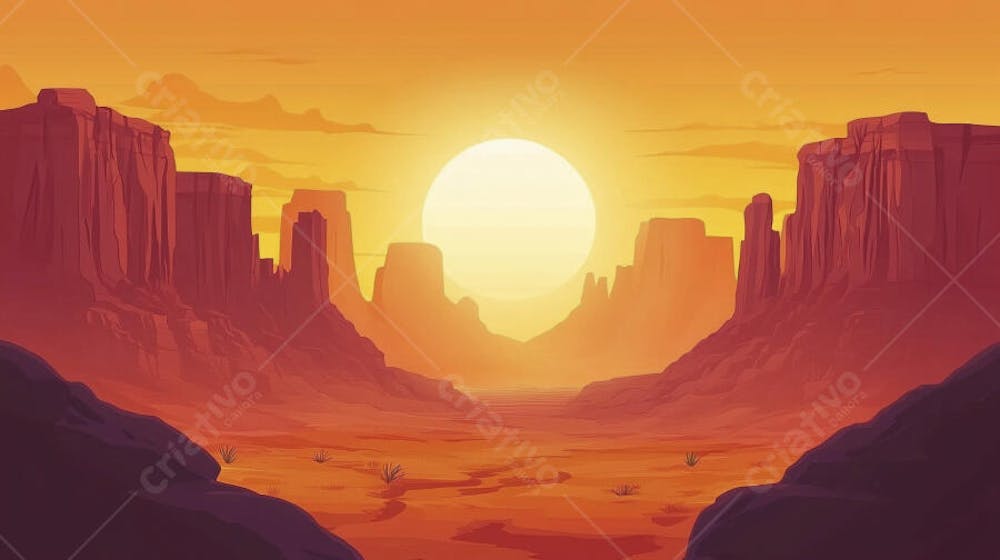 Ilustração Digital de Cânion ao Nascer do Sol com Cactos e Montanhas em Tons Alaranjados