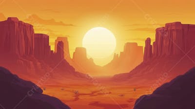 Ilustração Digital de Cânion ao Nascer do Sol com Cactos e Montanhas em Tons Alaranjados