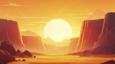 Ilustração Digital de Cânion ao Nascer do Sol com Cactos e Montanhas em Tons Alaranjados