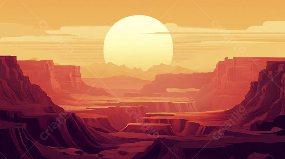 Ilustração Digital de Cânion ao Nascer do Sol com Cactos e Montanhas em Tons Alaranjados