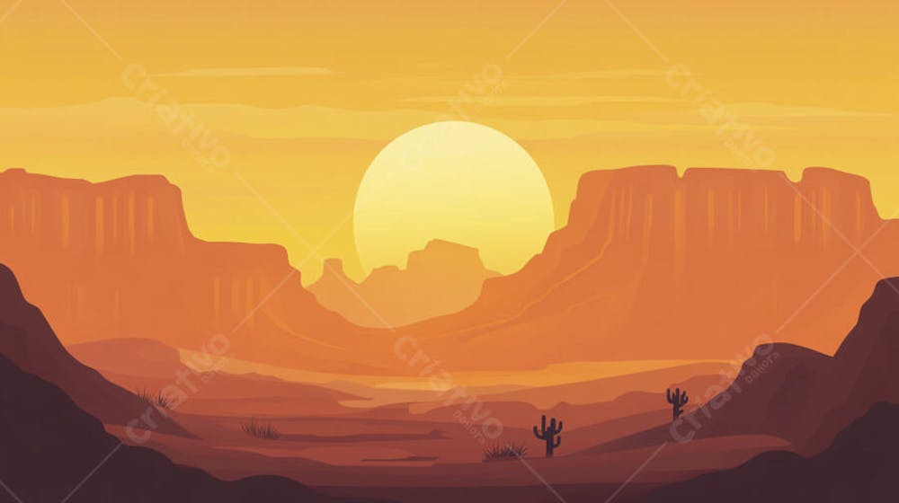 Ilustração Digital de Cânion ao Nascer do Sol com Cactos e Montanhas em Tons Alaranjados