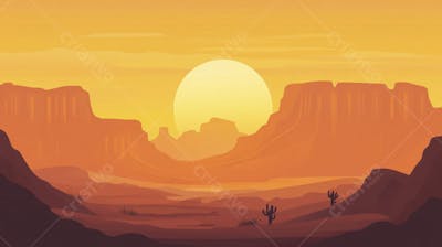 Ilustração Digital de Cânion ao Nascer do Sol com Cactos e Montanhas em Tons Alaranjados
