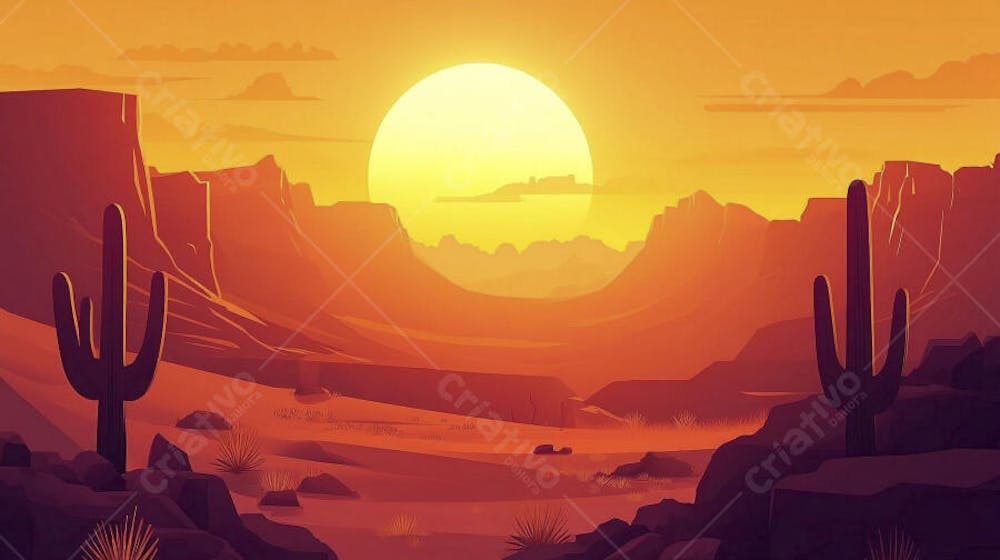 Ilustração Digital de Cânion ao Nascer do Sol com Cactos e Montanhas em Tons Alaranjados