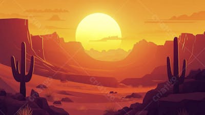Ilustração Digital de Cânion ao Nascer do Sol com Cactos e Montanhas em Tons Alaranjados