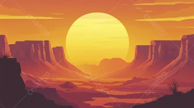 Ilustração Digital de Cânion ao Nascer do Sol com Cactos e Montanhas em Tons Alaranjados