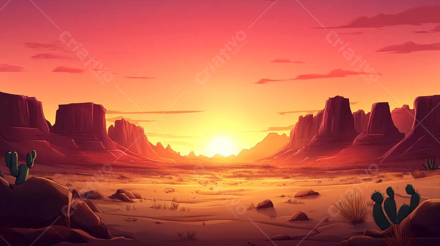Pôr do sol alaranjado no deserto rochoso